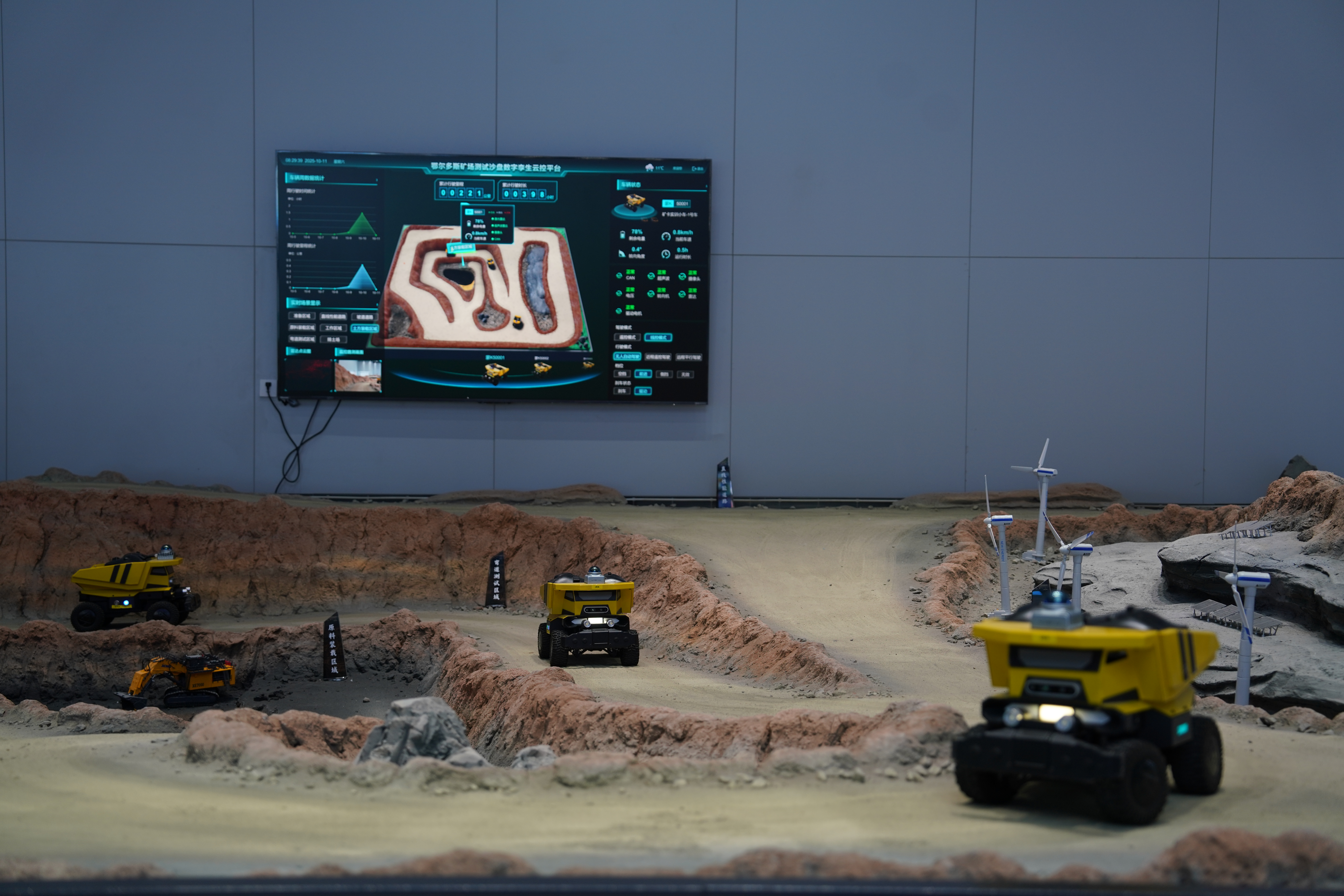 10月11日，鄂爾多斯智慧無人礦山車輛測試模擬平臺，無人駕駛卡車正有序穿梭礦區(qū)間。.JPG