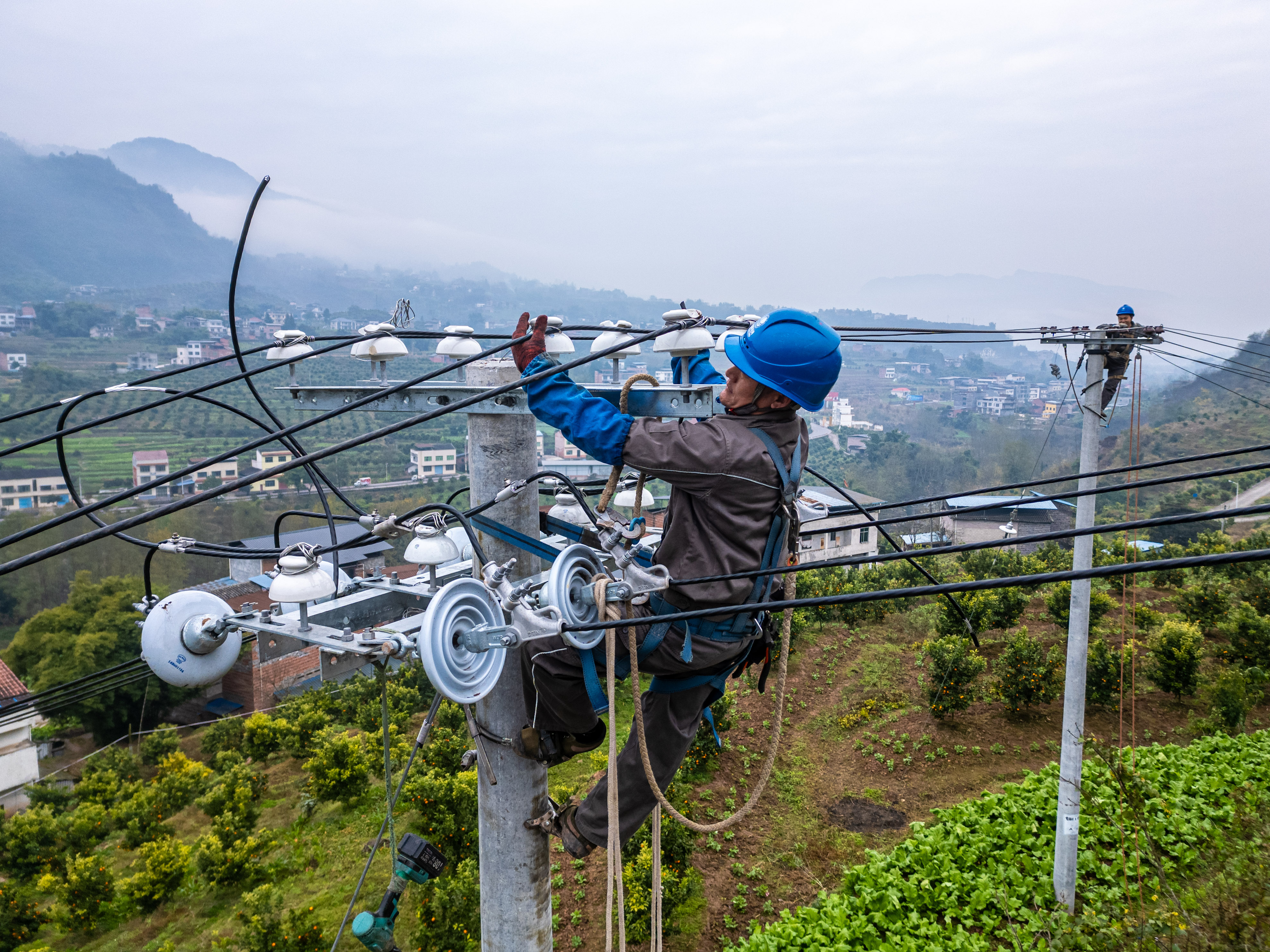 1月10日，重慶開(kāi)州供電公司員工向祖春等在臨江鎮(zhèn)永東村，對(duì)10千伏明洪線開(kāi)展低電壓治理。（李添鑫）   (5).jpg
