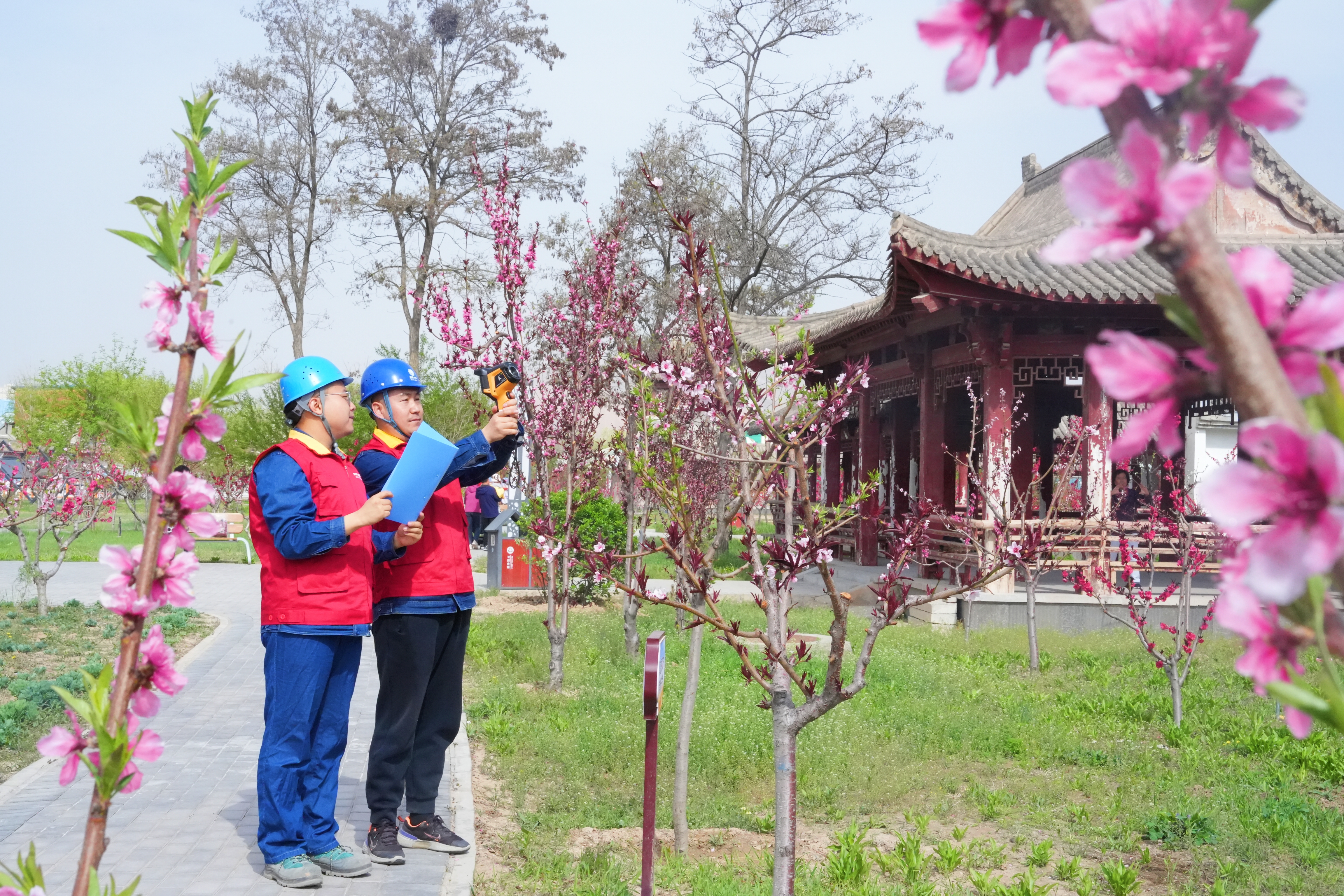 4月16日，國(guó)網(wǎng)蘭州供電公司員工何占琦、賈雅斌在安寧區(qū)仁壽山第41屆蘭州桃花會(huì)現(xiàn)場(chǎng)開(kāi)展多輪次不間斷巡視測(cè)溫，保障桃花會(huì)開(kāi)幕式順利舉行。<span id=